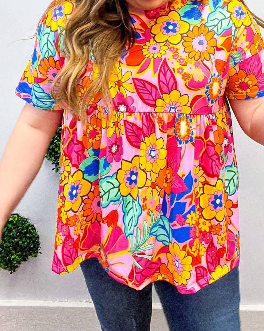 | Floral Short Sleeve Babydoll Blouse Plus Size