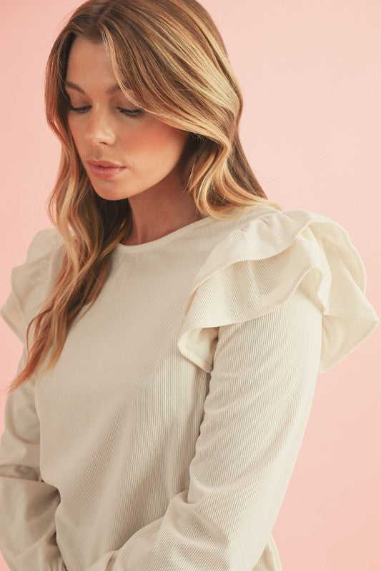 Corduroy Round Neck Ruffled Top