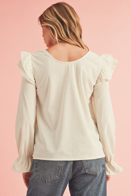 Corduroy Round Neck Ruffled Top