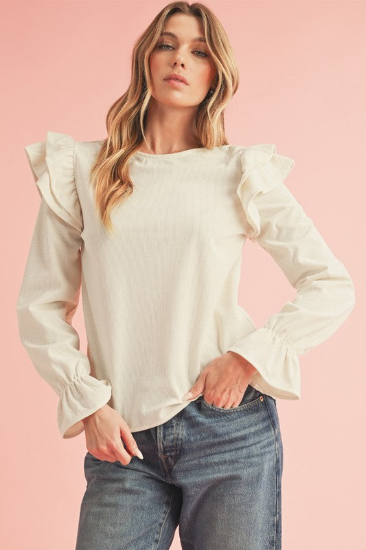 Corduroy Round Neck Ruffled Top