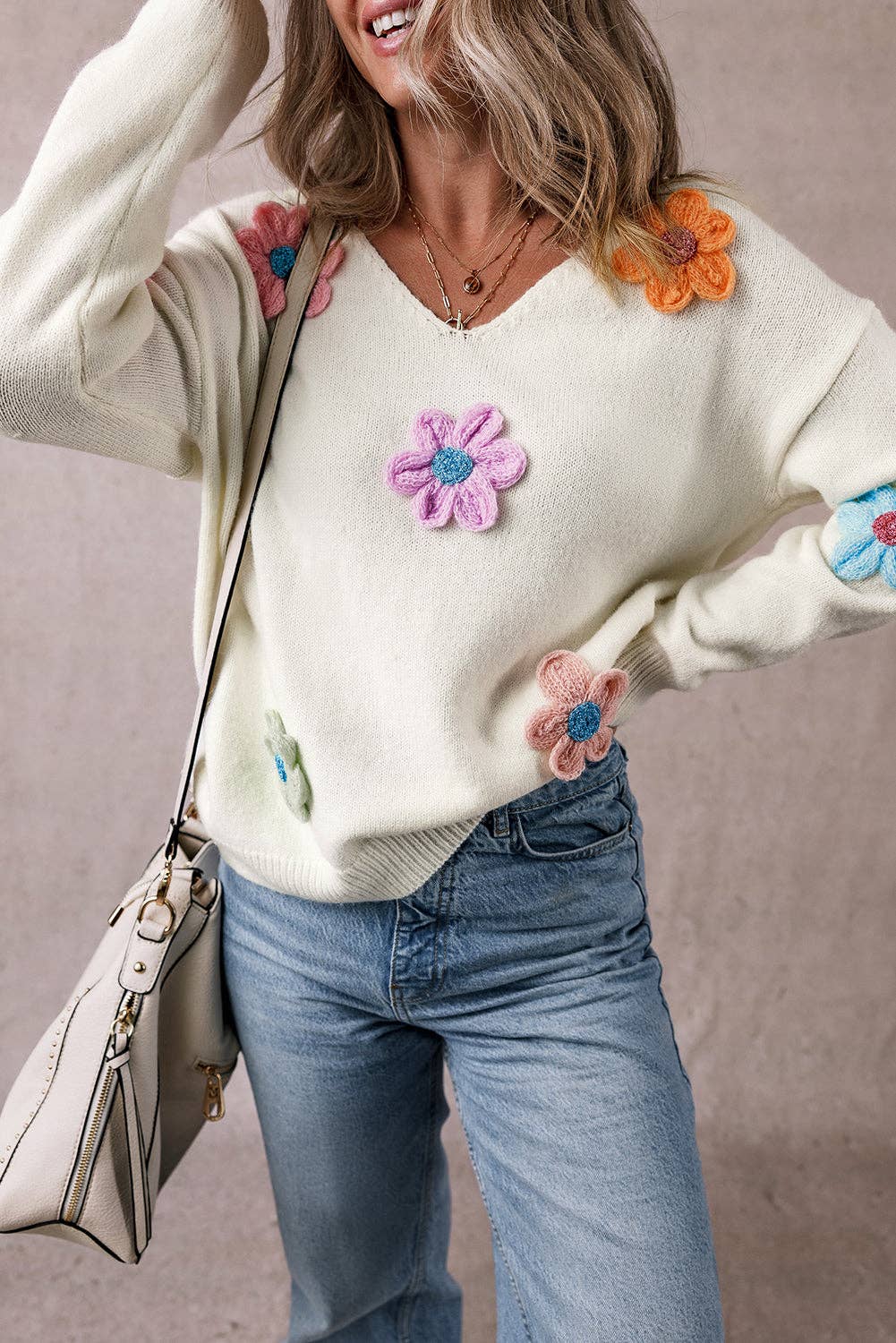 | Floral Crochet V-Neck Sweater