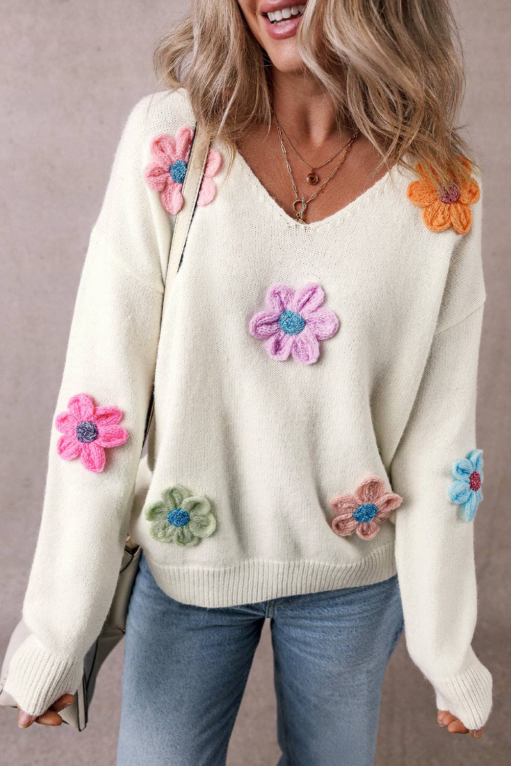 | Floral Crochet V-Neck Sweater