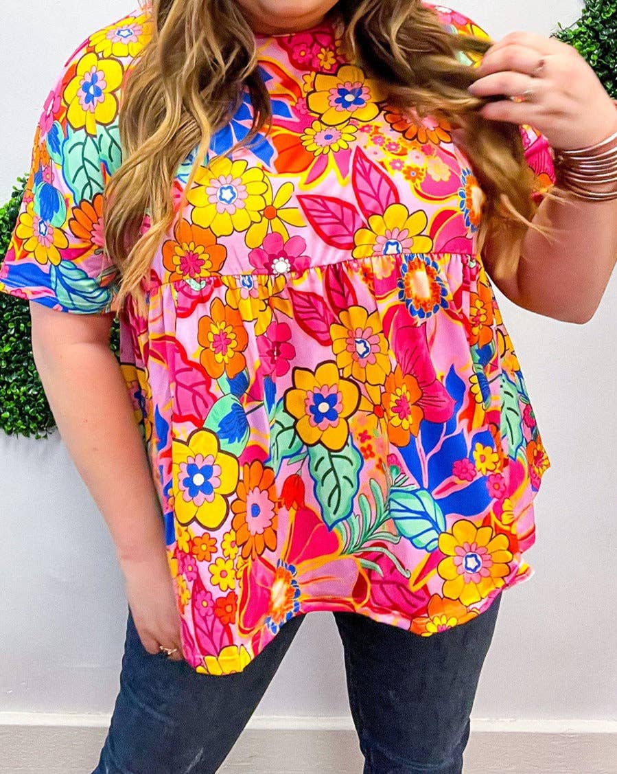 | Floral Short Sleeve Babydoll Blouse Plus Size