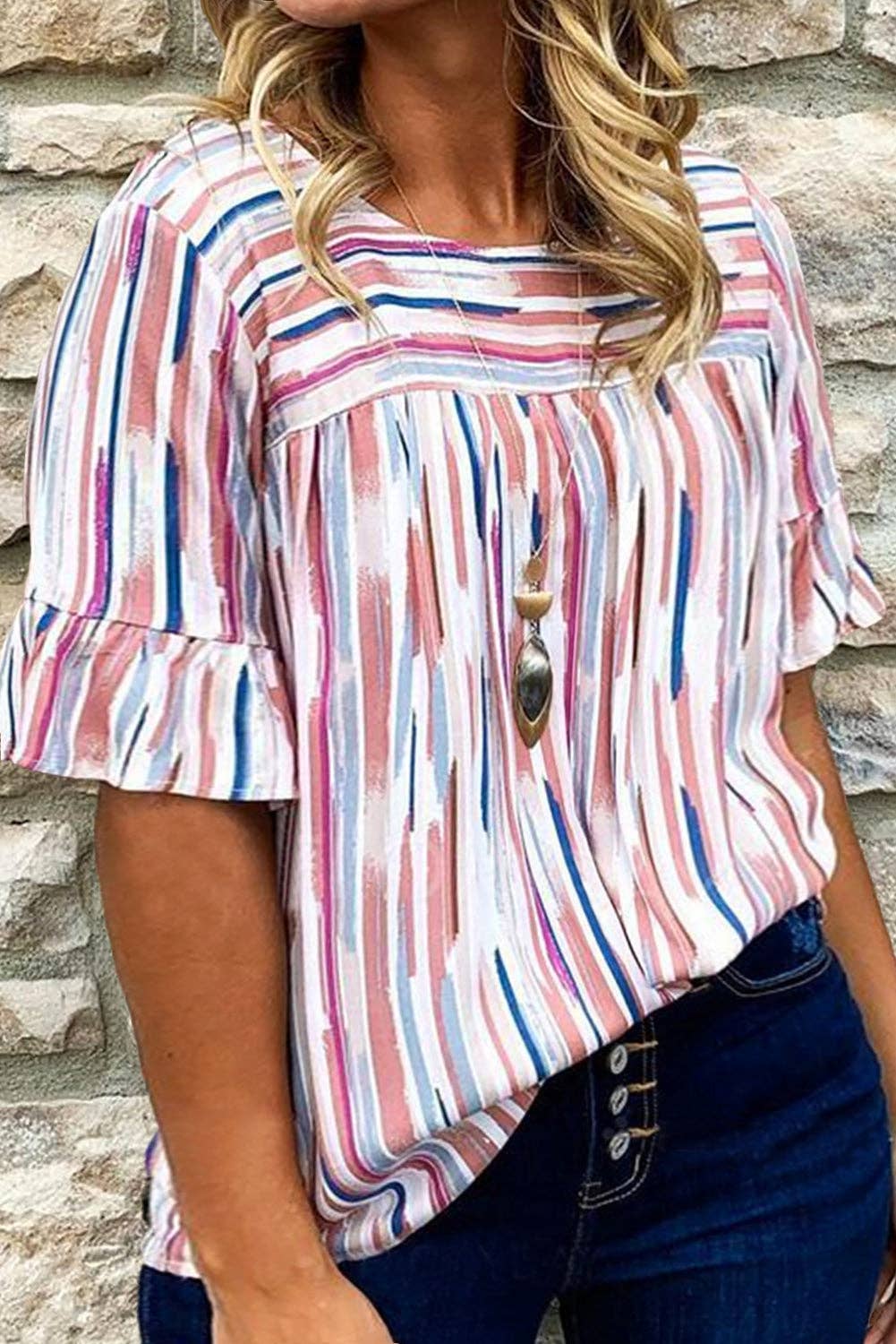 | Stripe Ruffle Short Sleeve Blouse