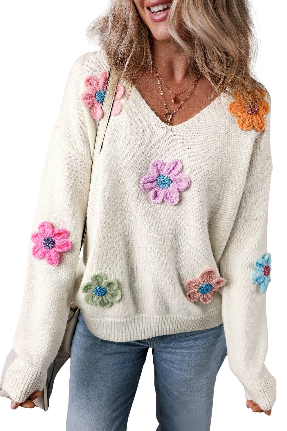 | Floral Crochet V-Neck Sweater