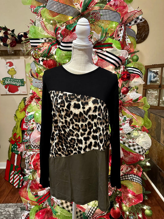 | '- Olive and Leopard Color Block Long Sleeve