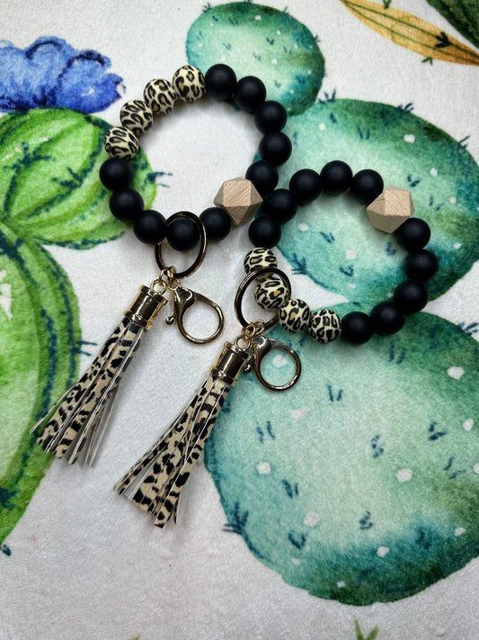 Leopard Bead Wristlet Tassel Keychain